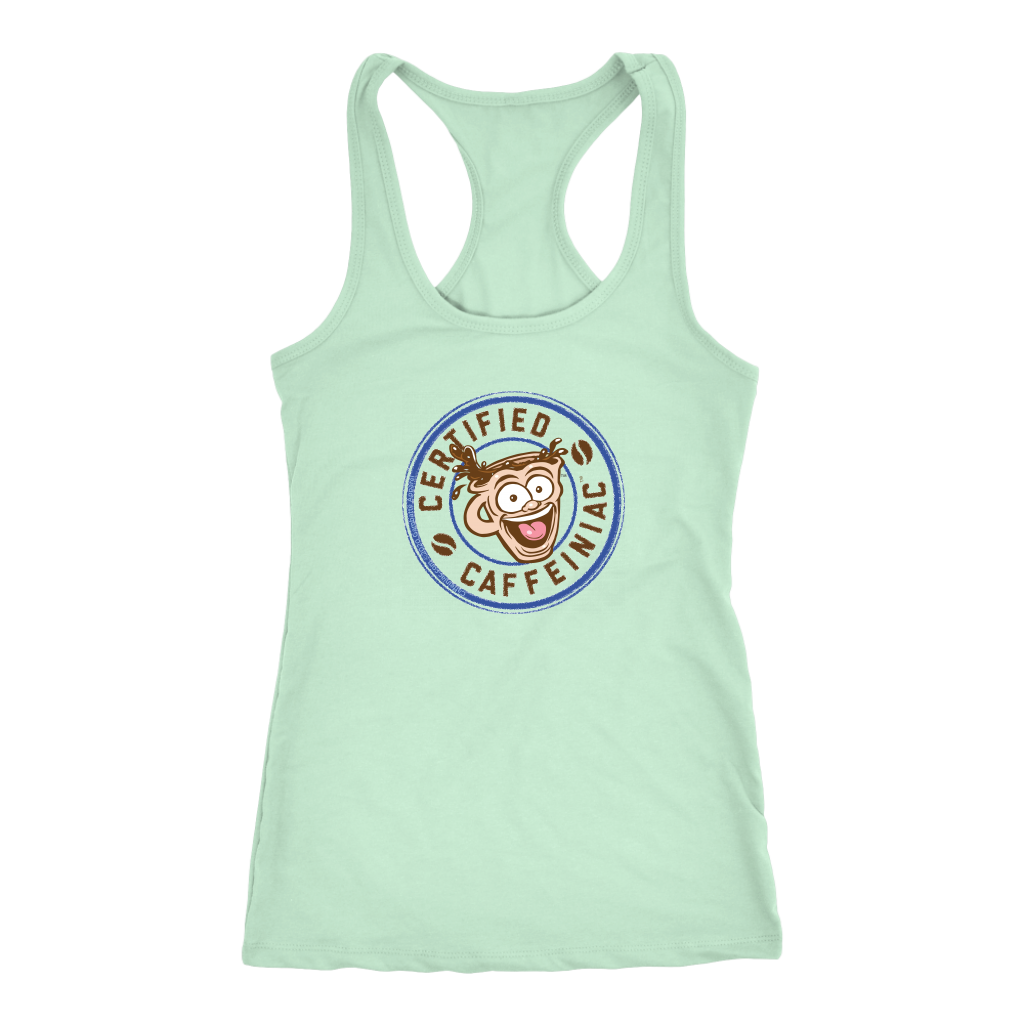 front view of a light green racerback tank top featuring the Certified Caffeiniac design on the front