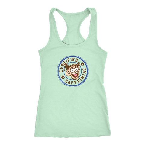 Image of front view of a light green racerback tank top featuring the Certified Caffeiniac design on the front
