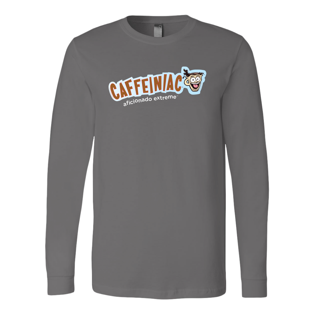 front view of a grey long sleeve tshirt with Caffeiniac aficionado extreme design on the front