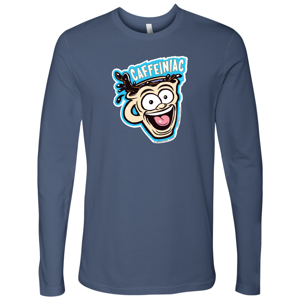 front view of a dark blue Next Level Mens Long Sleeve T-Shirt featuring the original Caffeiniac Dude cup design on the front