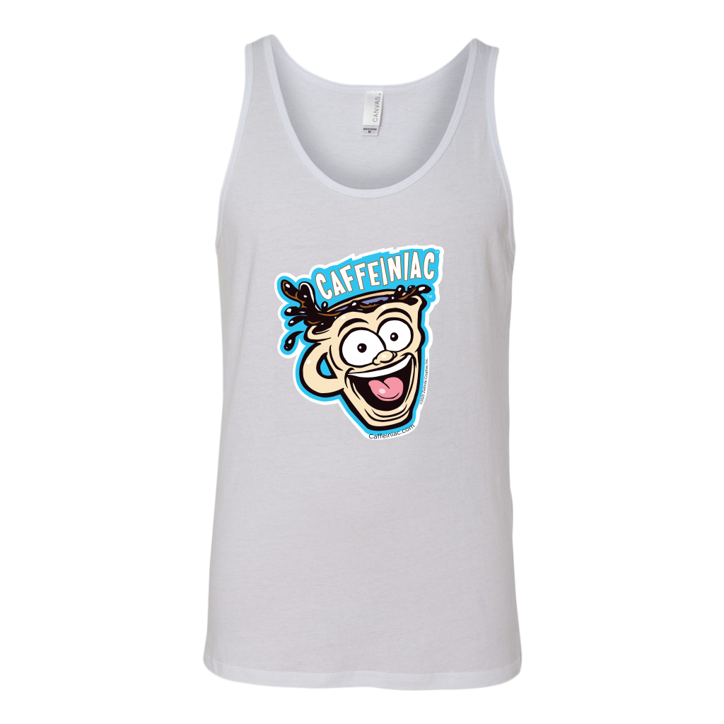 front view of a white tank top featuring the original Caffeiniac dude cup design on the front