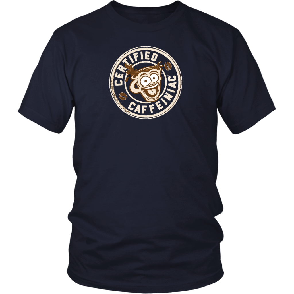 Front view of a men’s navy blue shirt featuring the Certified Caffeiniac design in tan ink on the front
