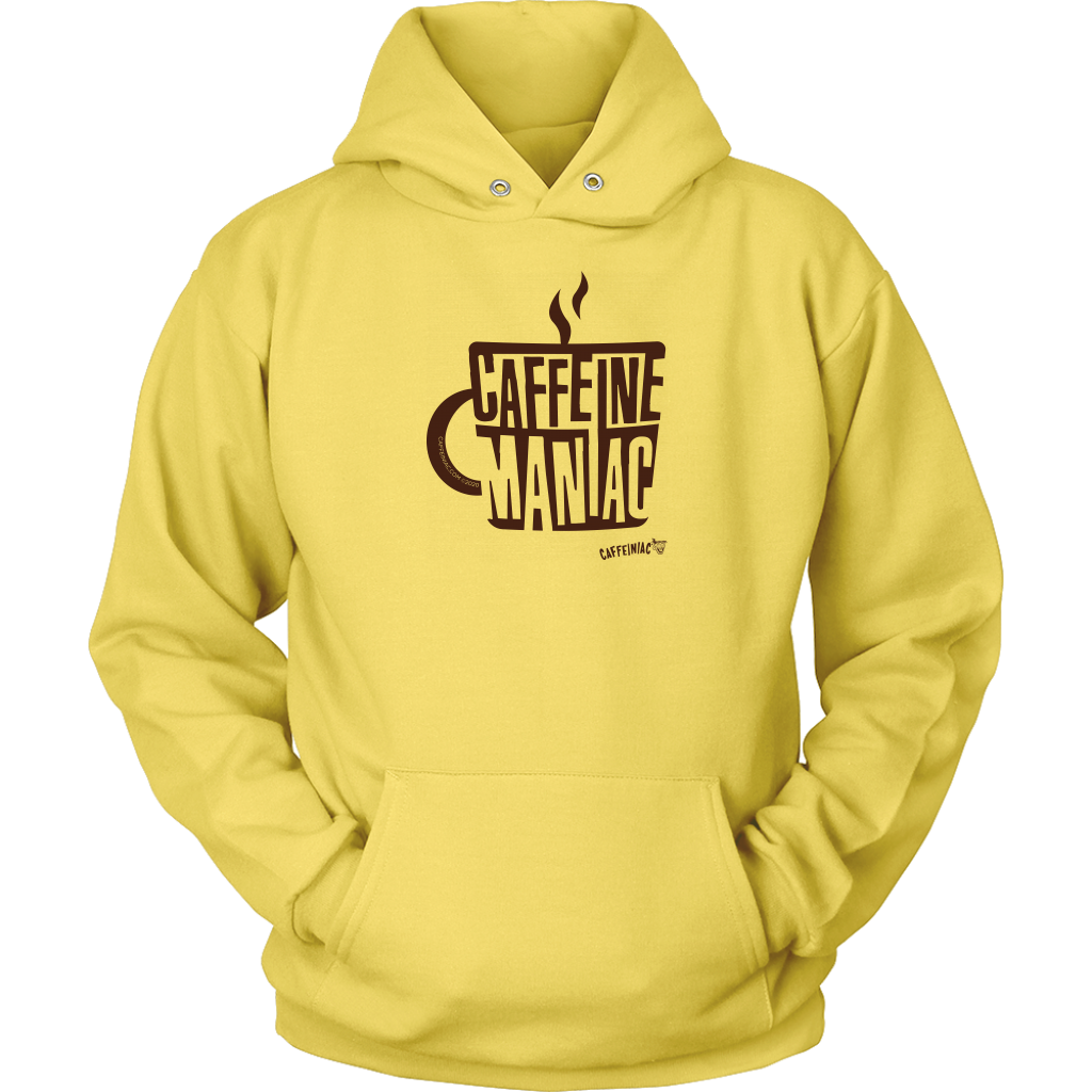 a bright yellow hoodie sweatshirt featuring the original coffee lover's design "Caffeine Maniac" by Caffeiniac on the front.
