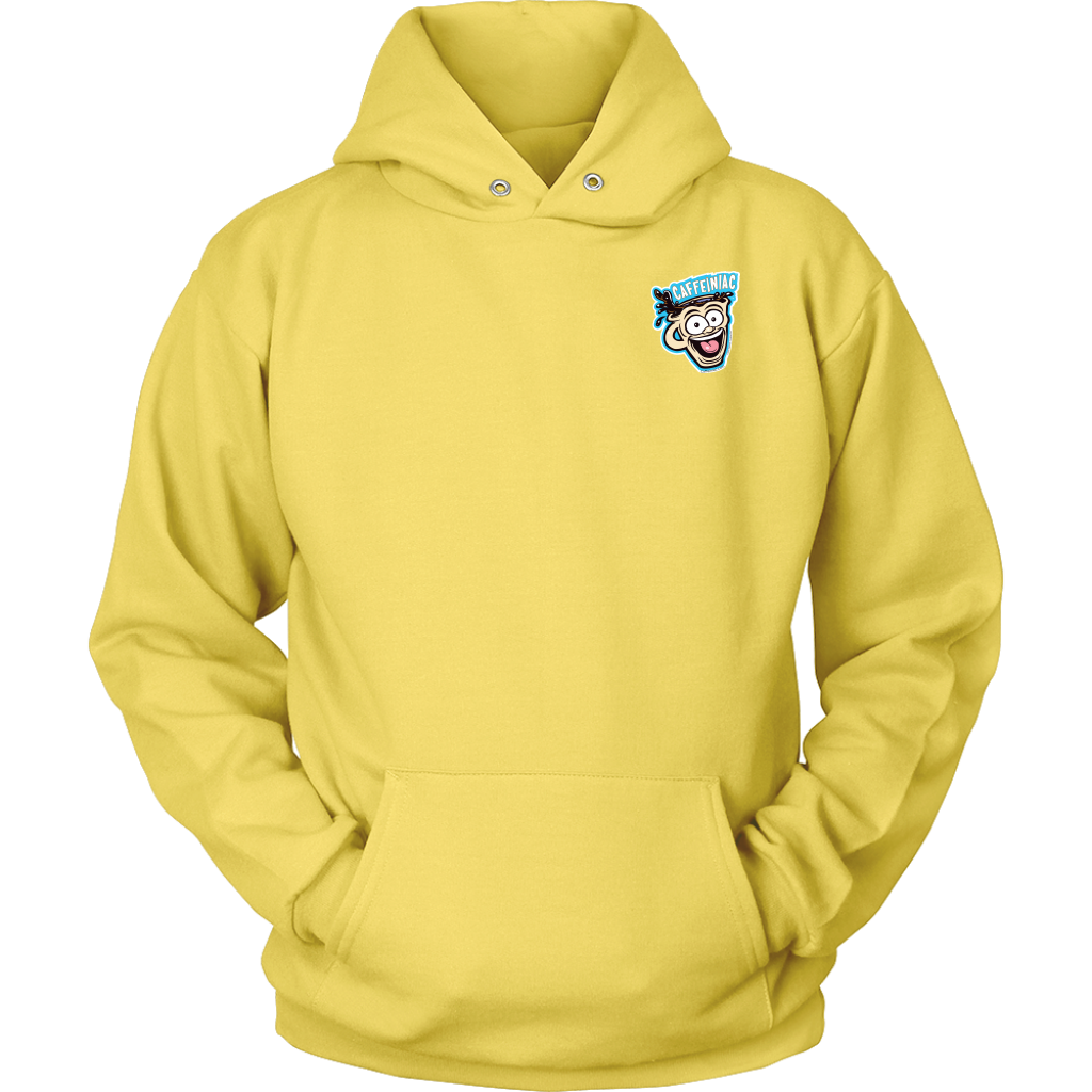 Front view of a yellow unisex Hoodie featuring the original Caffeiniac Dude design on the front left chest and full size on the back