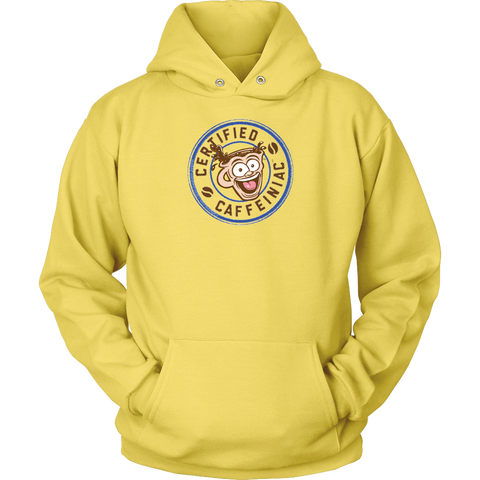 Image of front view of a yellow unisex hoodie featuring the certified caffeiniac design