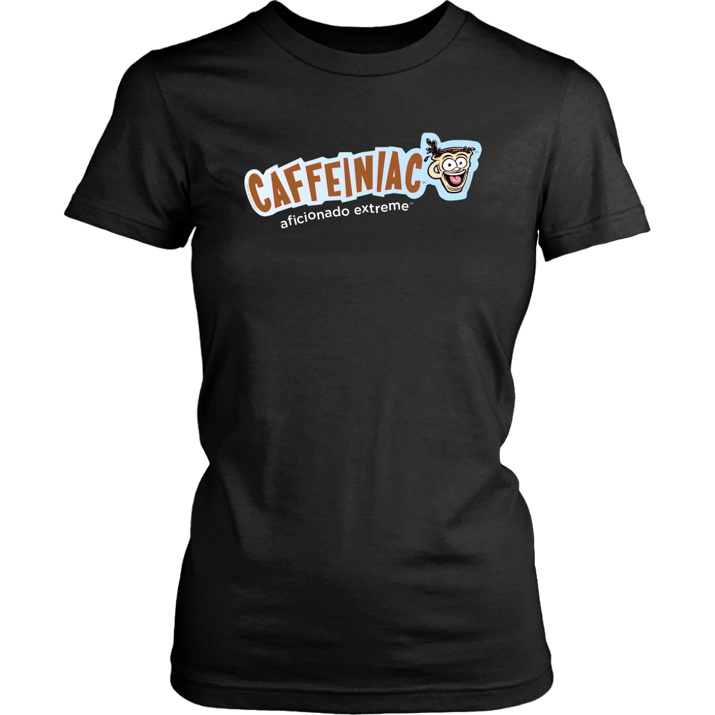 Front view of a District Womens black Shirt featuring Caffeiniac Aficionado Extreme design