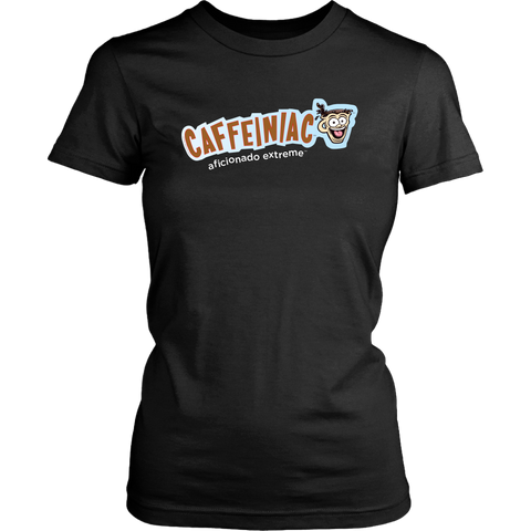 Image of Front view of a District Womens black Shirt featuring Caffeiniac Aficionado Extreme design