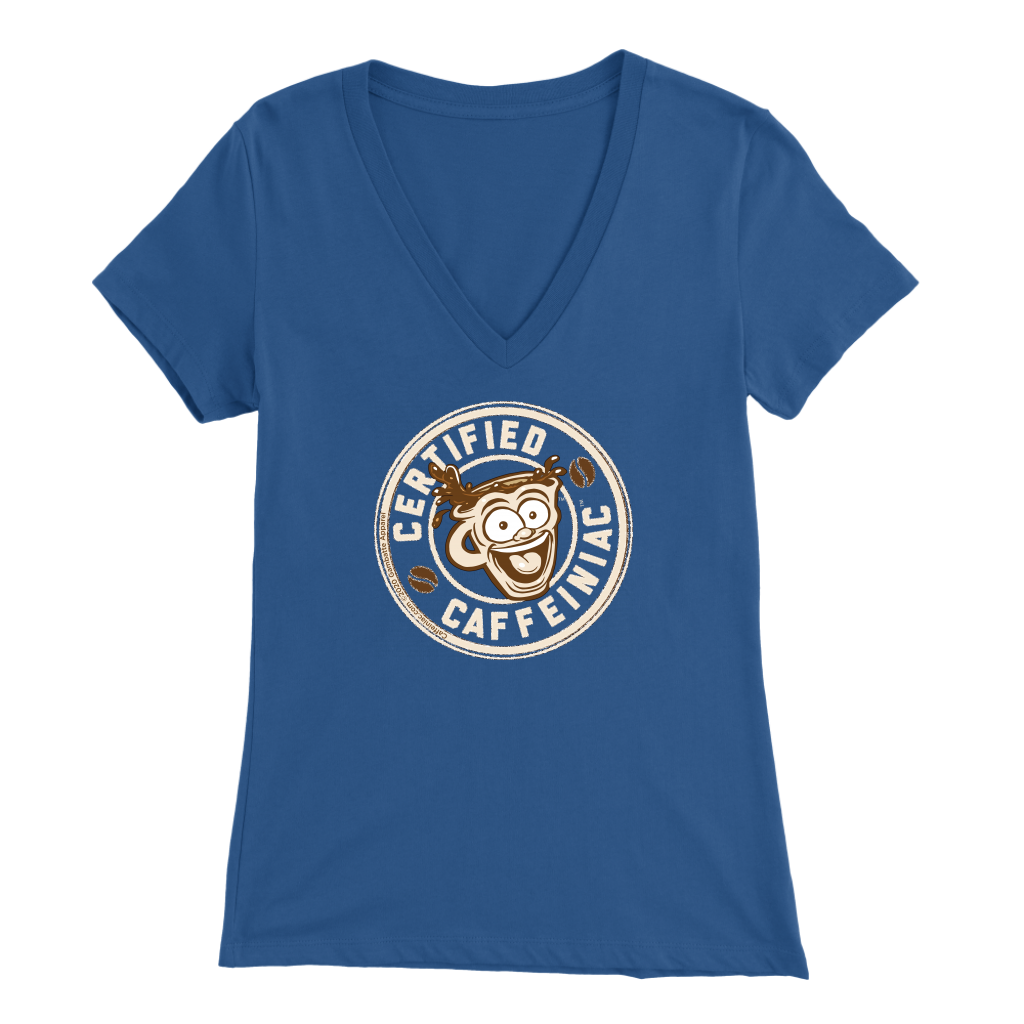 front view of a blue v-neck shirt featuring the Certified Caffeiniac design on the front