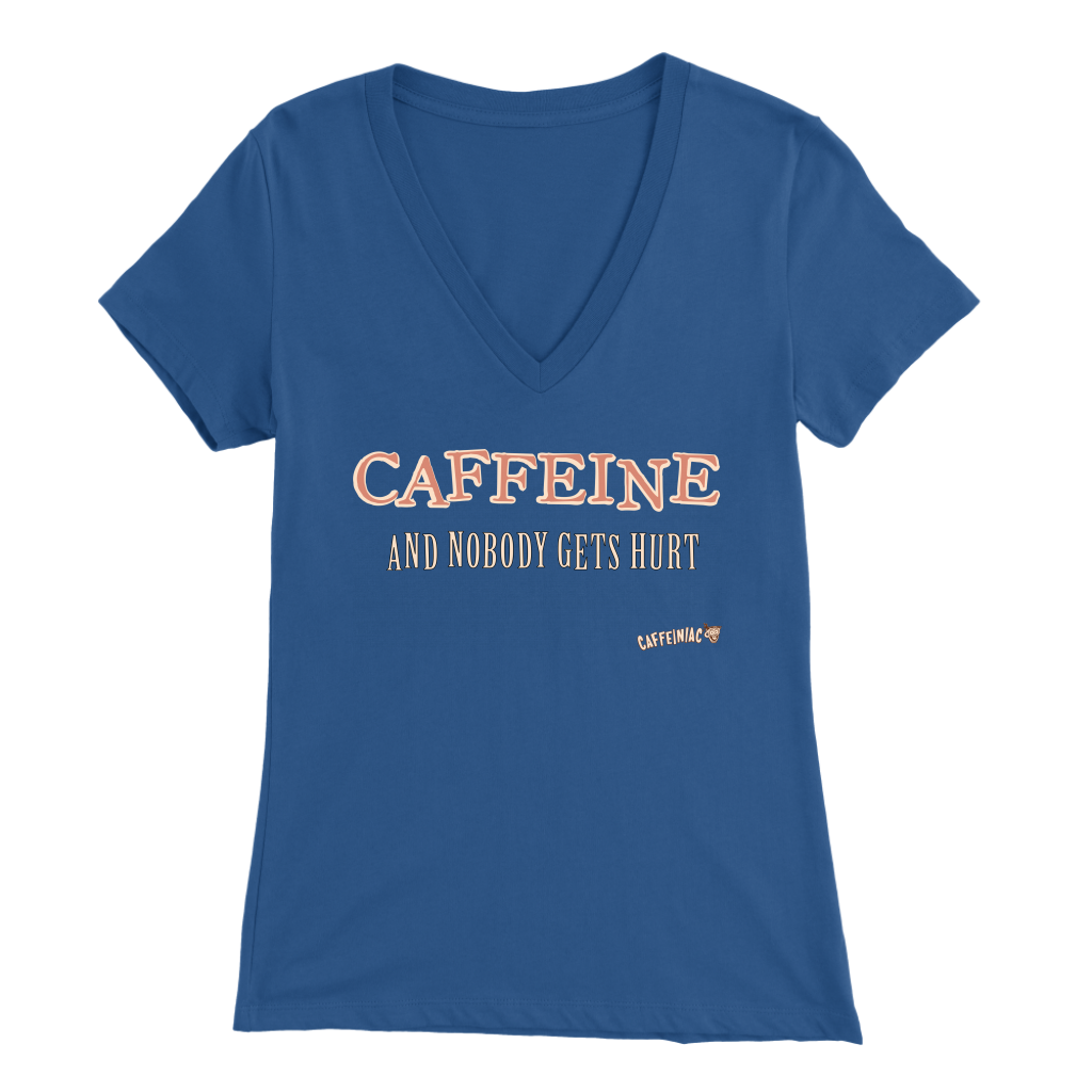 front view of a royal blue V-neck Caffeiniac shirt with the design CAFFEINE and nobody gets hurt