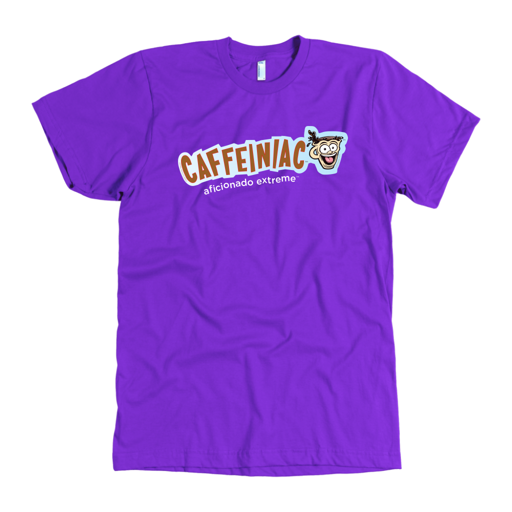 front view of a purple t-shirt with the Caffeiniac aficionado extreme design on the front