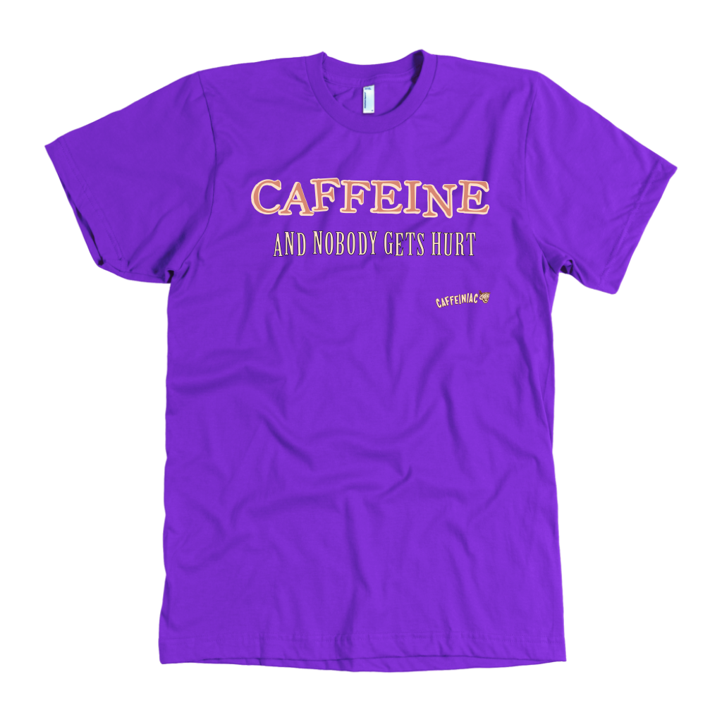 front view of a purple Caffeiniac t-shirt with the design CAFFEINE and nobody gets hurt