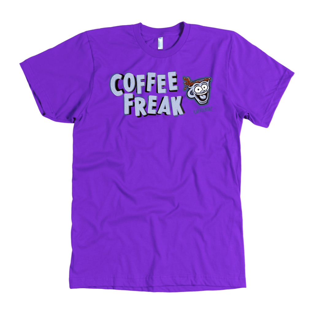 front view of a men's  purple Caffeiniac t-shirt featuring the Coffee Freak design
