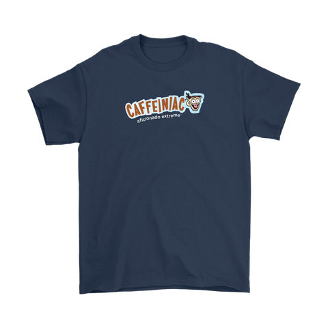 Image of a navy blue Gildan Mens T-Shirt featuring the Caffeinaic aficionado extreme design on the front