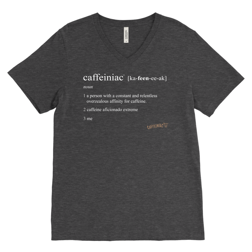 Caffeiniac Defined design on a men's grey v-neck shirt