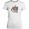 a white shirt featuring the original coffee lover's design "Caffeine Maniac" by Caffeiniac on the front.