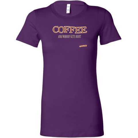 Image of front view of a womans purple shirt featuring the Caffeiniac design "Coffee and nobody gets hurt" on the front