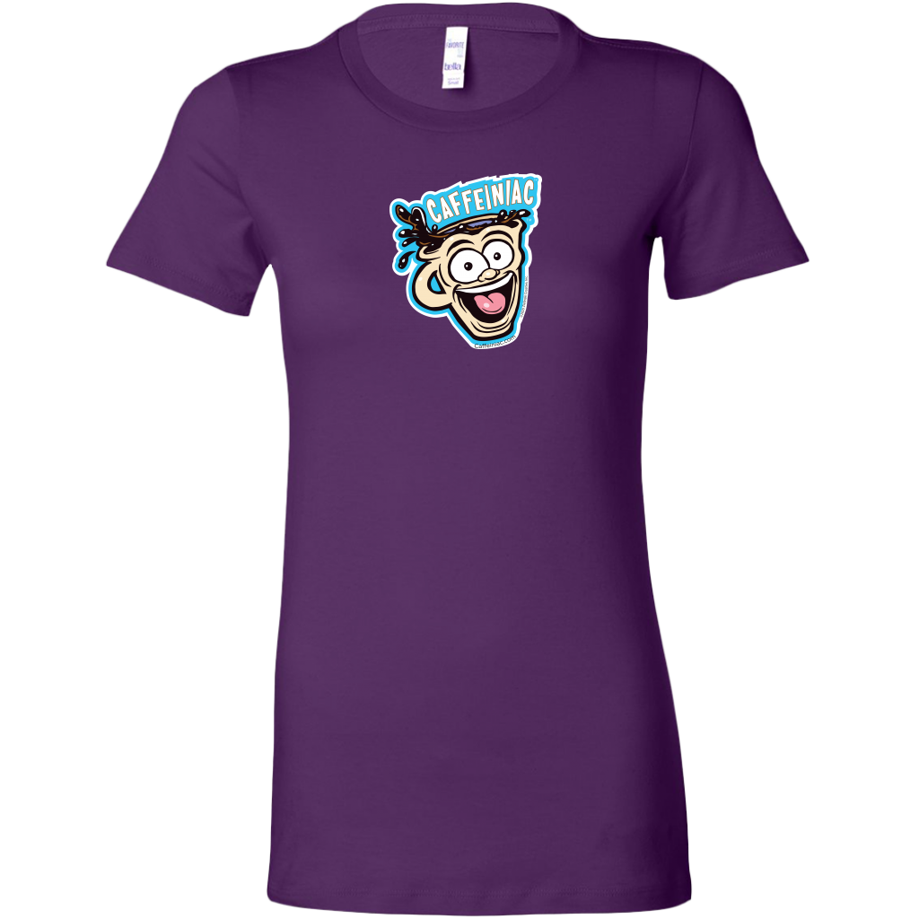 front view of a purple short sleeve womens  shirt featuring the original Caffeiniac dude cup design on the front