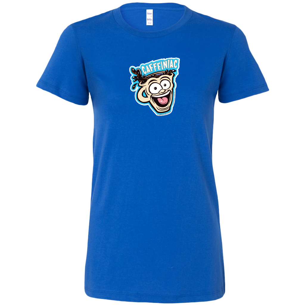 front view of a royal blue short sleeve shirt featuring the original Caffeiniac dude cup design on the front