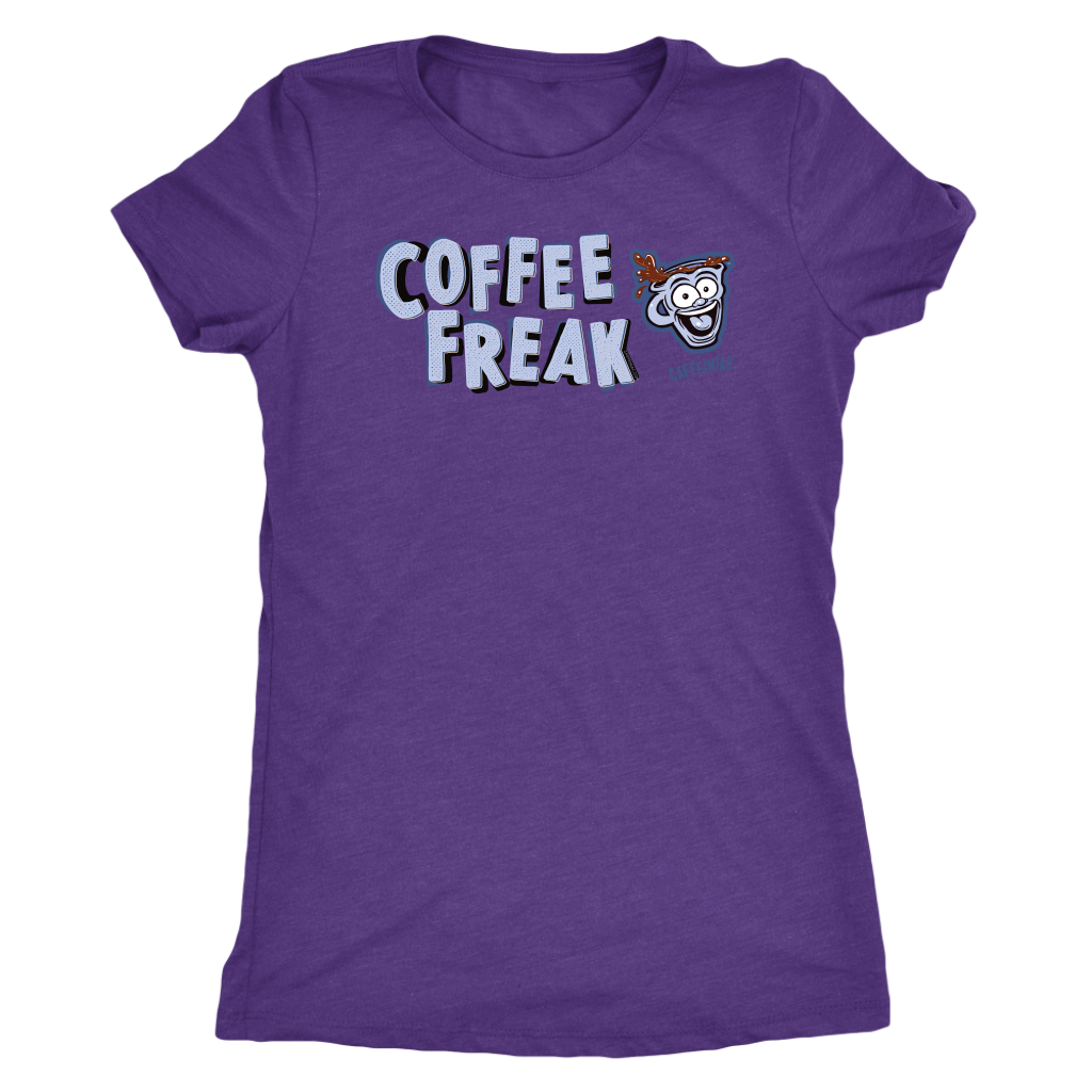 front view of a women's purple Caffeiniac COFFEE FREAK t-shirt