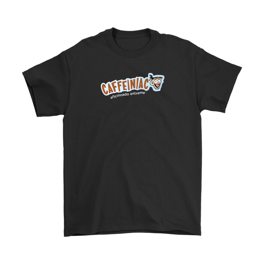 front view of a black Gildan Mens T-Shirt featuring the Caffeinaic aficionado extreme design