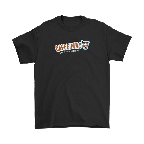 Image of front view of a black Gildan Mens T-Shirt featuring the Caffeinaic aficionado extreme design