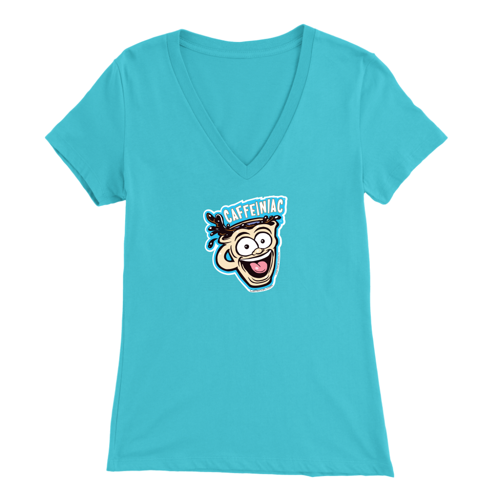 Front view of a light blue colored womens v-neck light blue shirt featuring the original Caffeiniac Dude cup design on the front