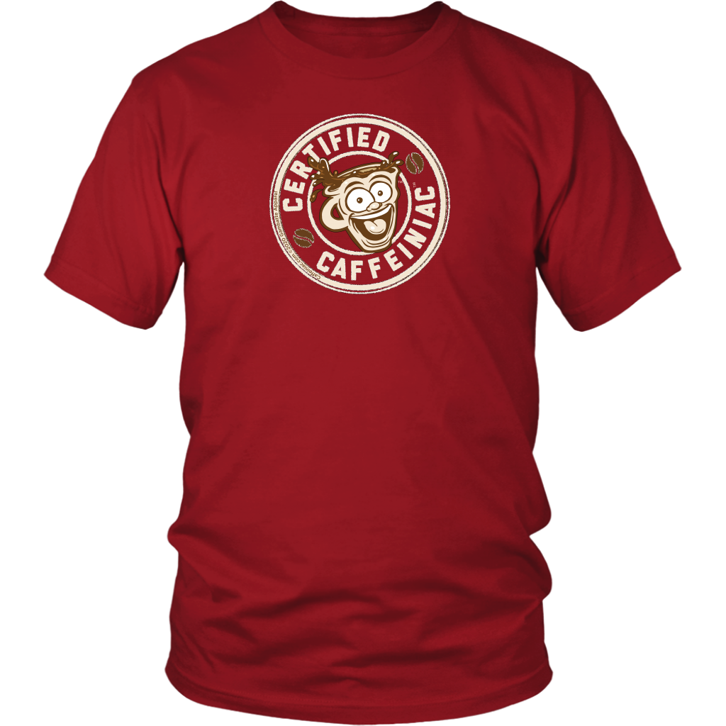 Front view of a men’s  red shirt featuring the Certified Caffeiniac design in tan ink on the front