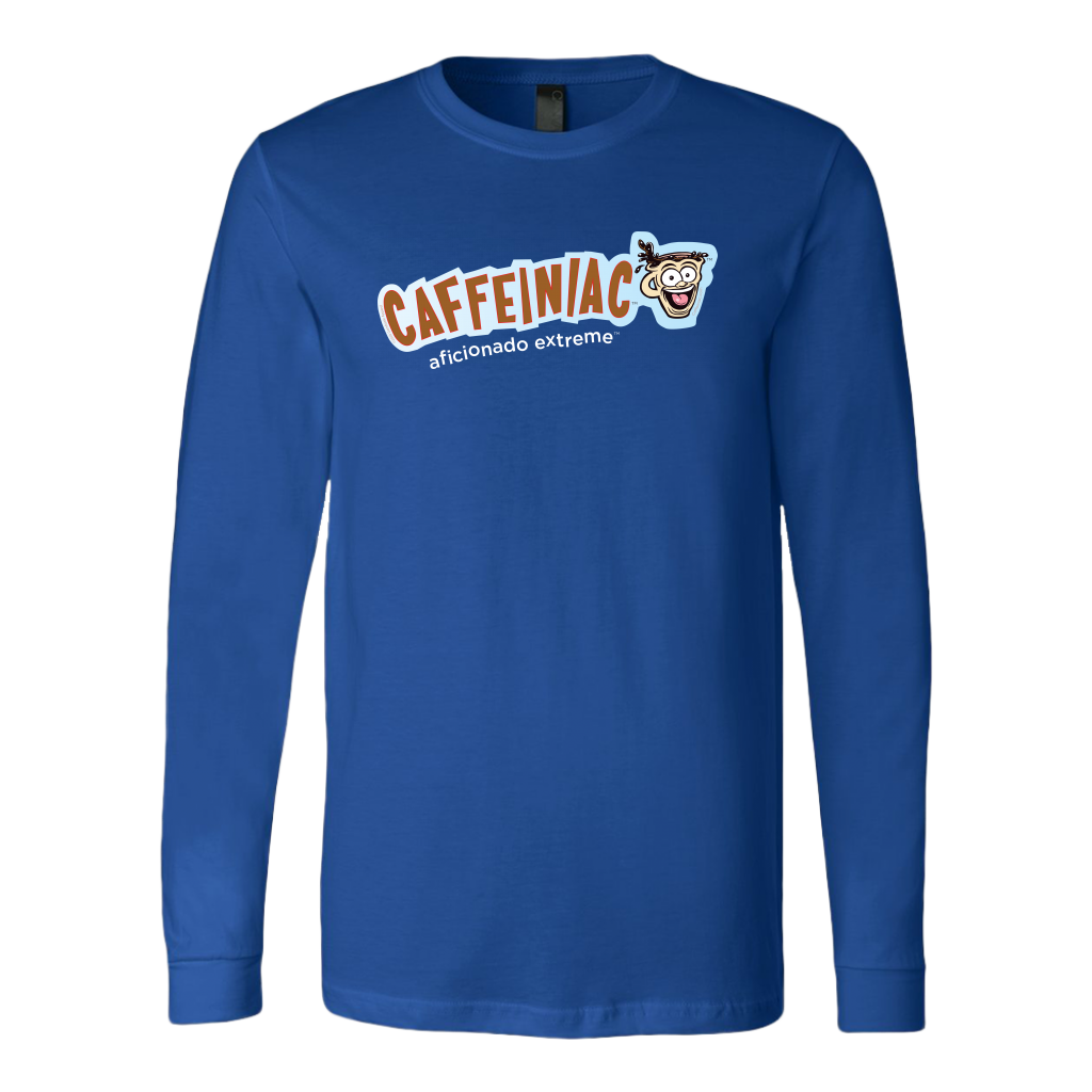front view of a royal blue long sleeve tshirt with Caffeiniac aficionado extreme design on the front