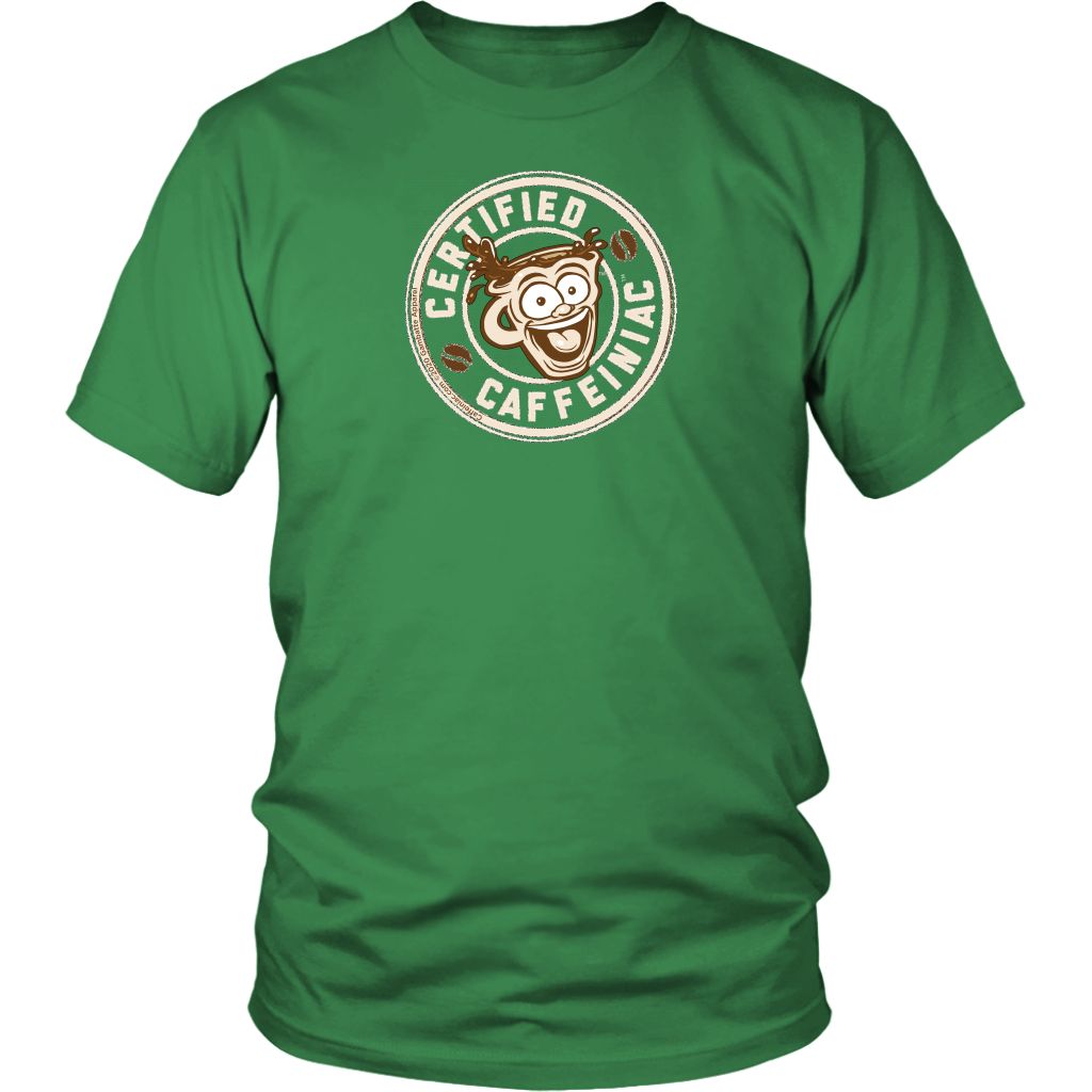 Front view of a men’s green t-shirt featuring the Certified Caffeiniac design in tan ink on the front