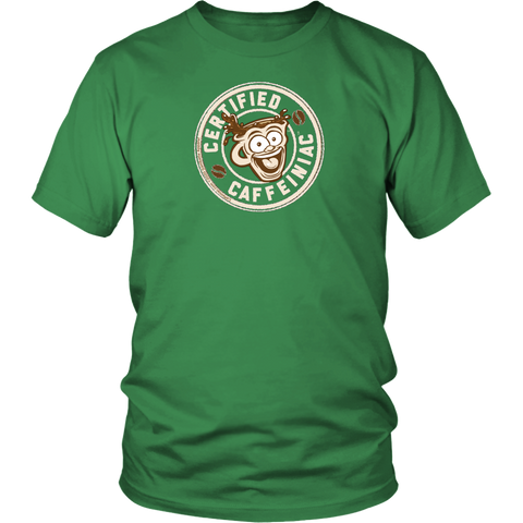 Image of Front view of a men’s green t-shirt featuring the Certified Caffeiniac design in tan ink on the front