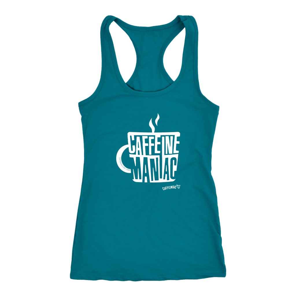 a blue Racerback Tank by Next Level featuring the original Caffeiniac design "Caffeine Maniac" on the front.