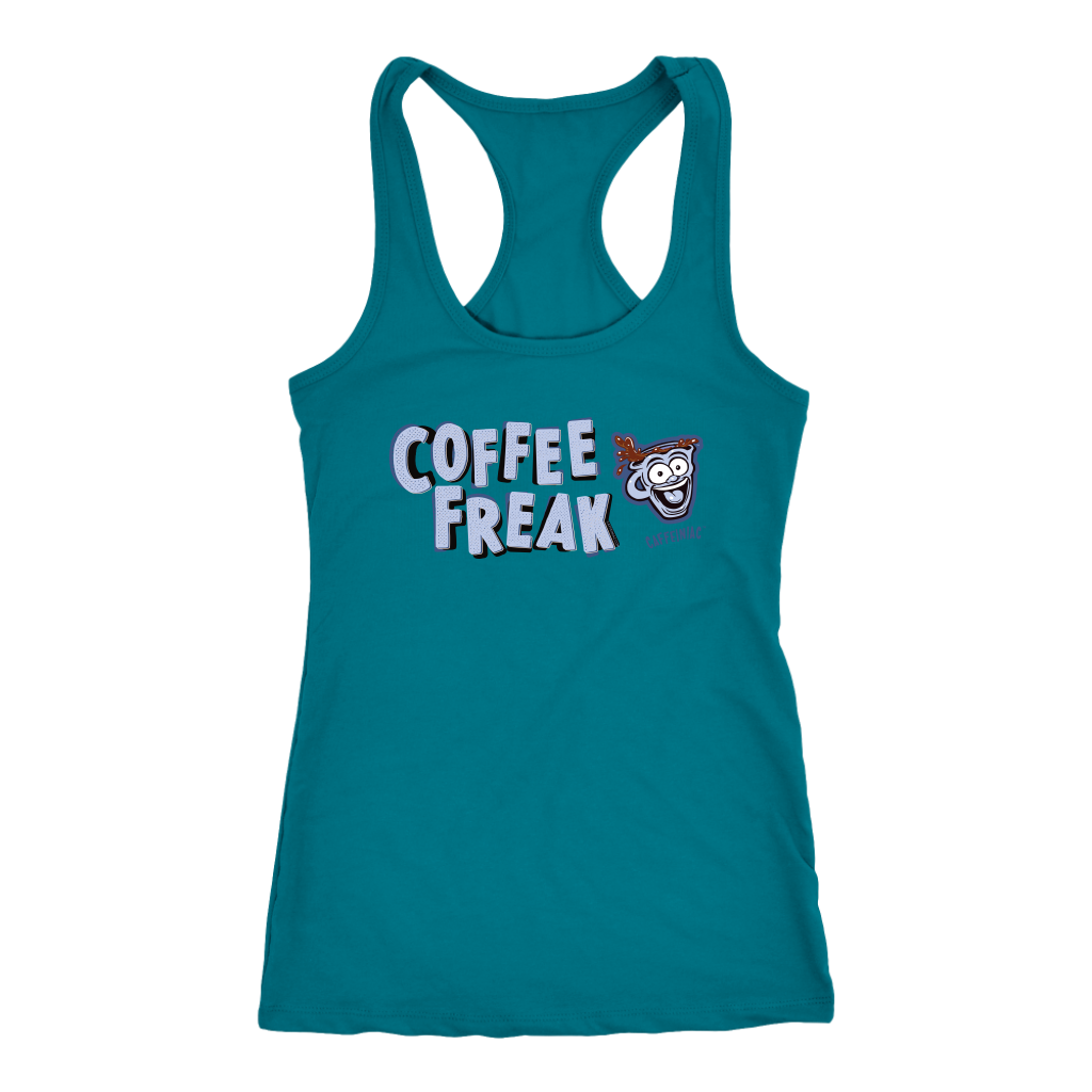 front view of a women's teal Caffeiniac tank top with the COFFEE FREAK design in light blue letters