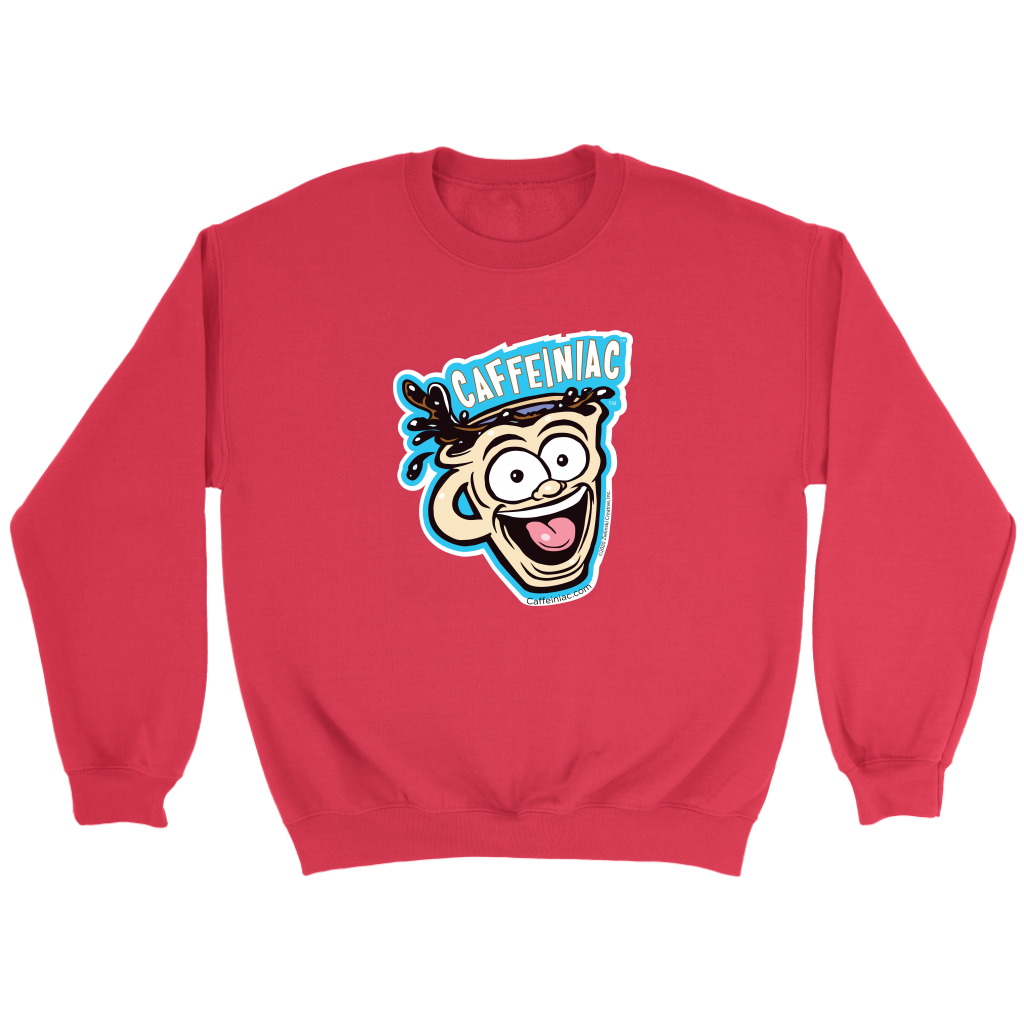 front view of a red crewneck sweatshirt featuring the original Caffeiniac Dude cup design