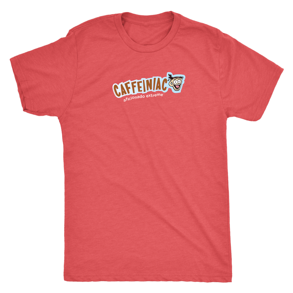 a red Next Level Mens Triblend T-shirt featuring the Caffeinaic aficionado extreme design on the front