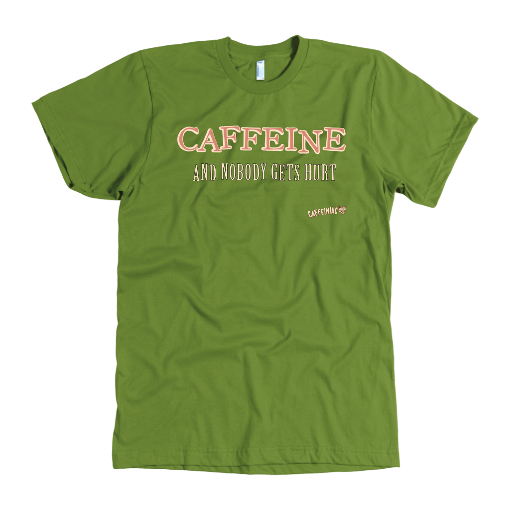 front view of a lime green Caffeiniac t-shirt with the design CAFFEINE and nobody gets hurt