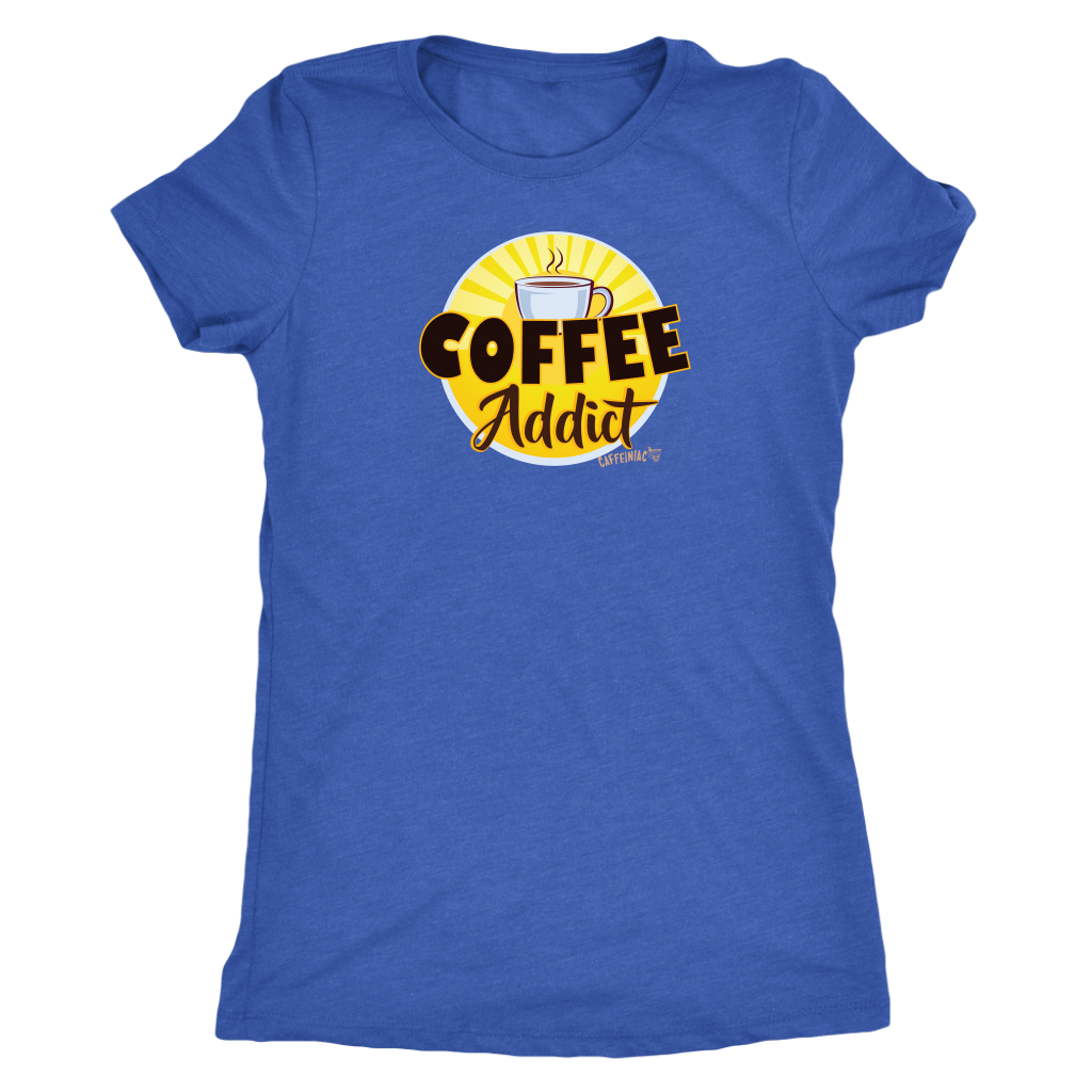 front view of a royal blue Caffeiniac shirt with the Coffee Addict design