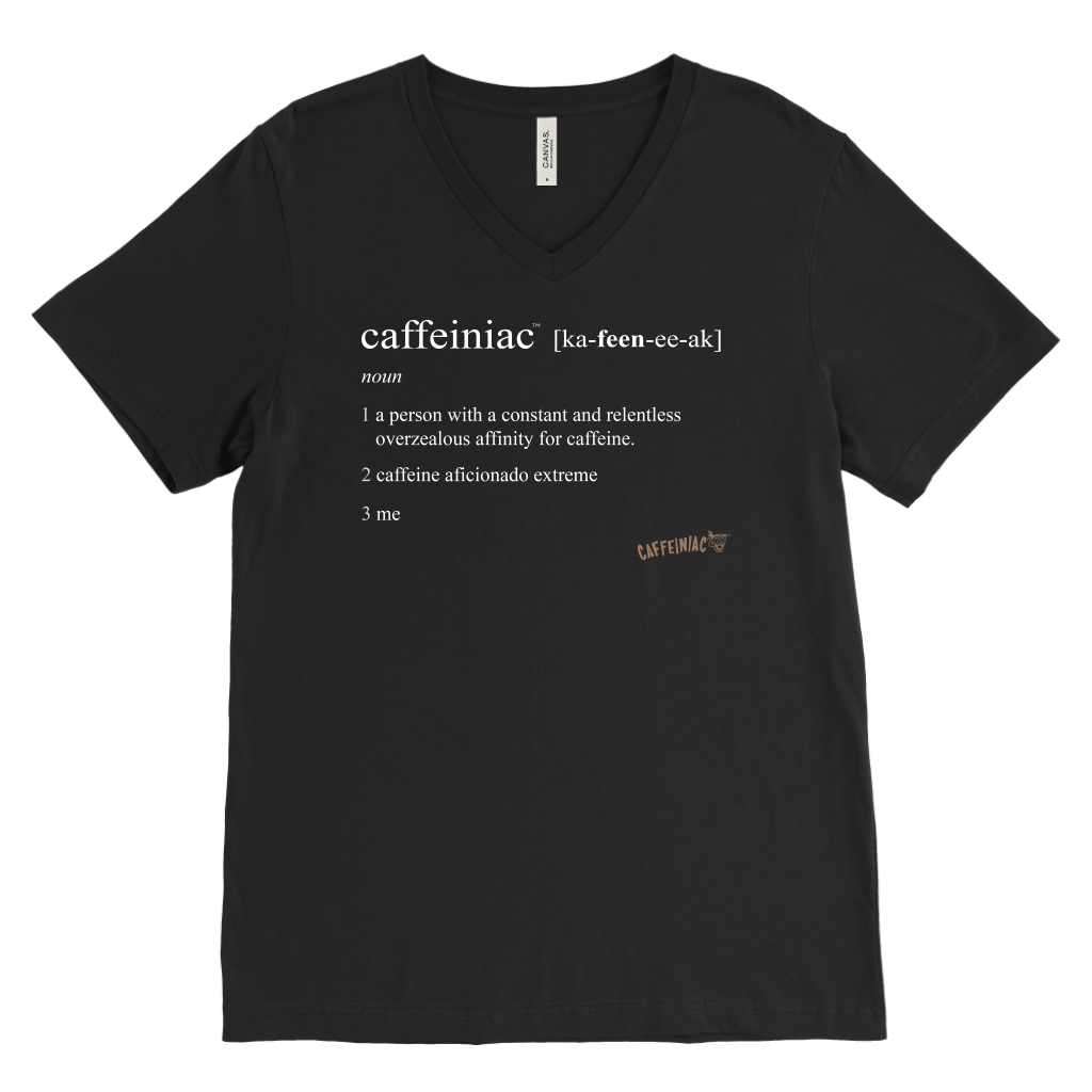 Caffeiniac Defined design on a men's black v-neck shirt