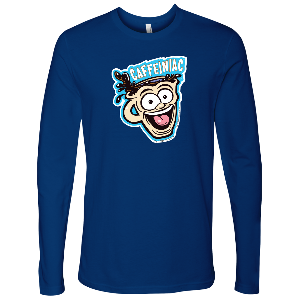 front view of a royal blue Next Level Mens Long Sleeve T-Shirt featuring the original Caffeiniac Dude cup design on the front