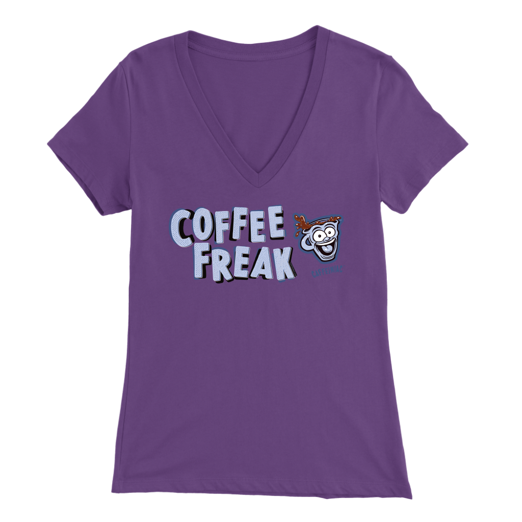 front view of a women's purple Caffeiniac v-neck t-shirt with the COFFEE FREAK design in light blue letters