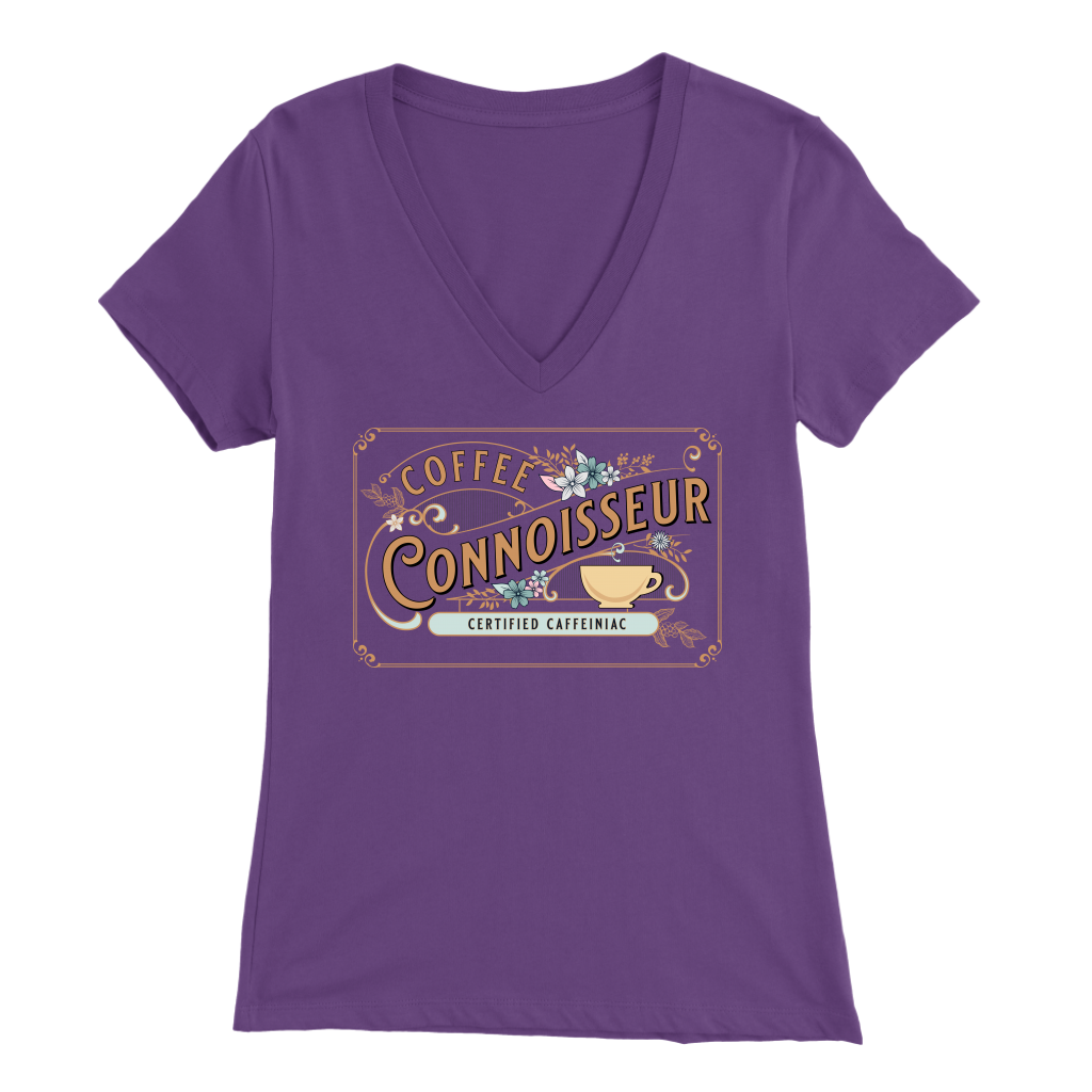 a woman's purple v-neck shirt with the Coffee Connoisseur design by Caffeiniac on the front