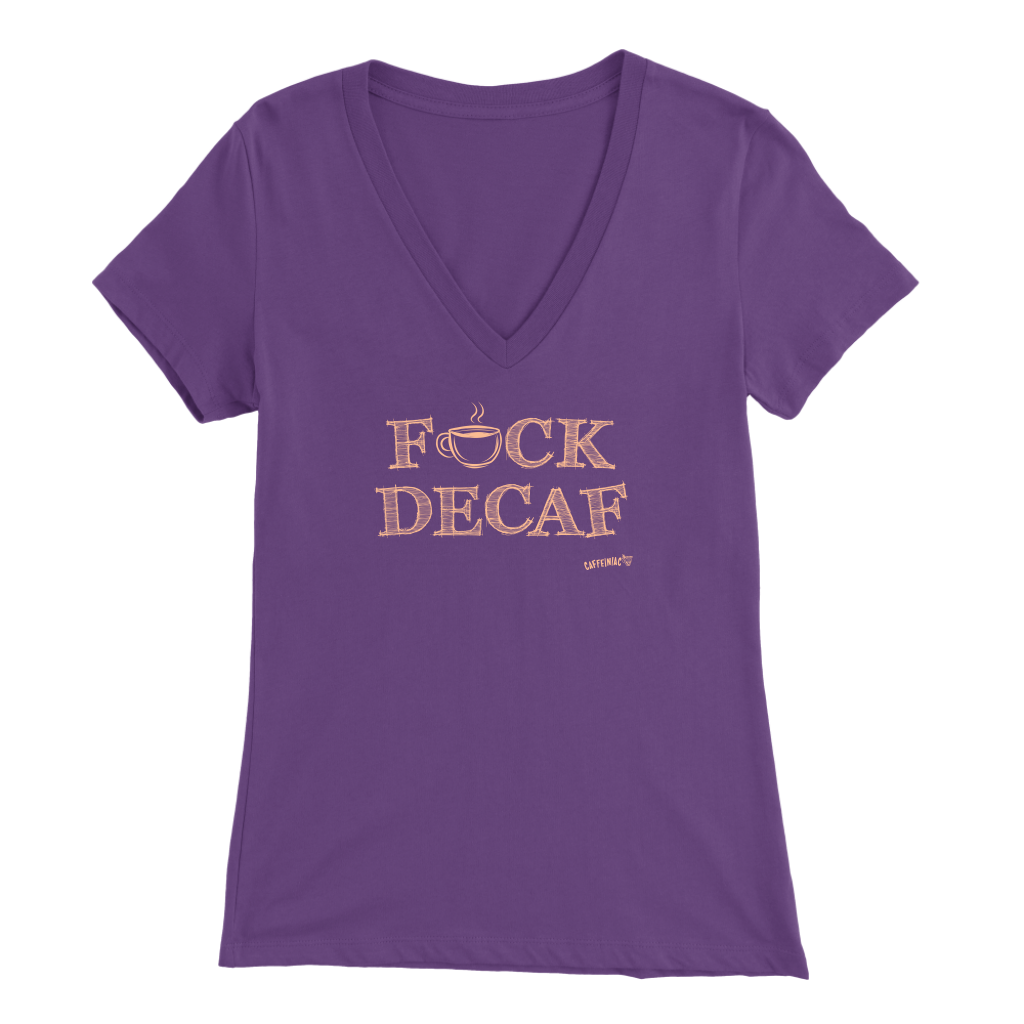 front view of a women's purple v-neck shirt featuring the Caffeiniac design F_CK DECAF
