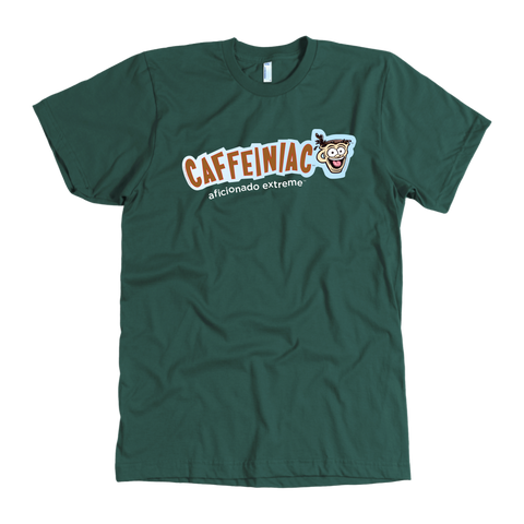 Image of front view of a green t-shirt with the Caffeiniac aficionado extreme design
