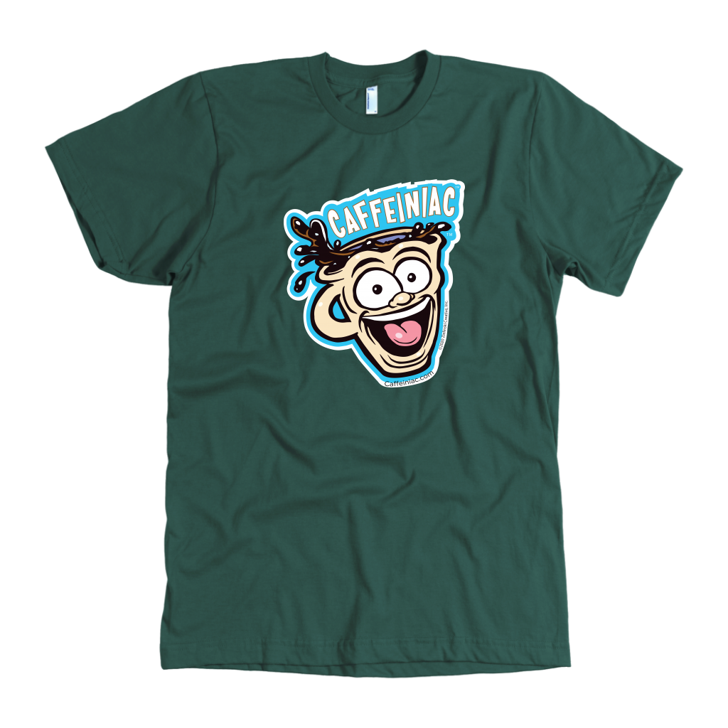 front view of a hunter green mens t-shirt featuring the original Caffeiniac dude cup design