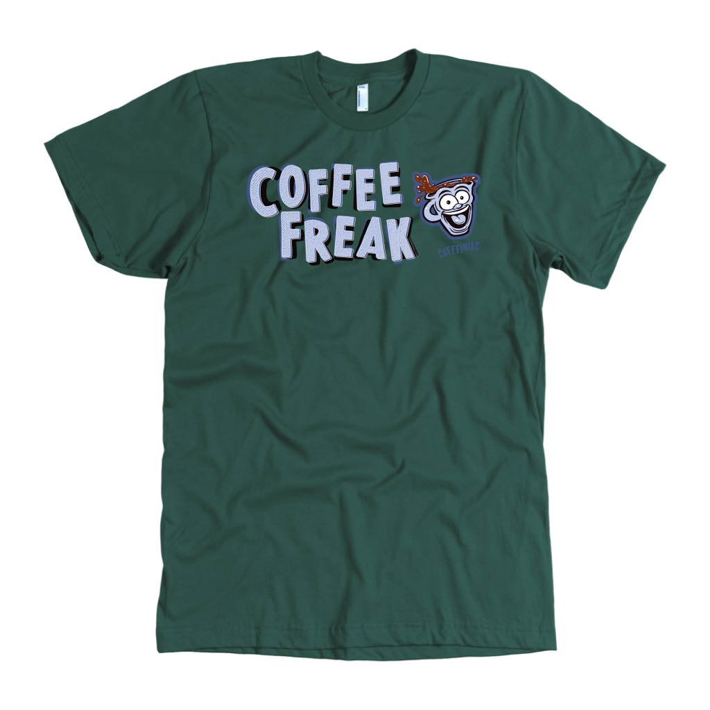 front view of a men's green Caffeiniac t-shirt featuring the Coffee Freak design