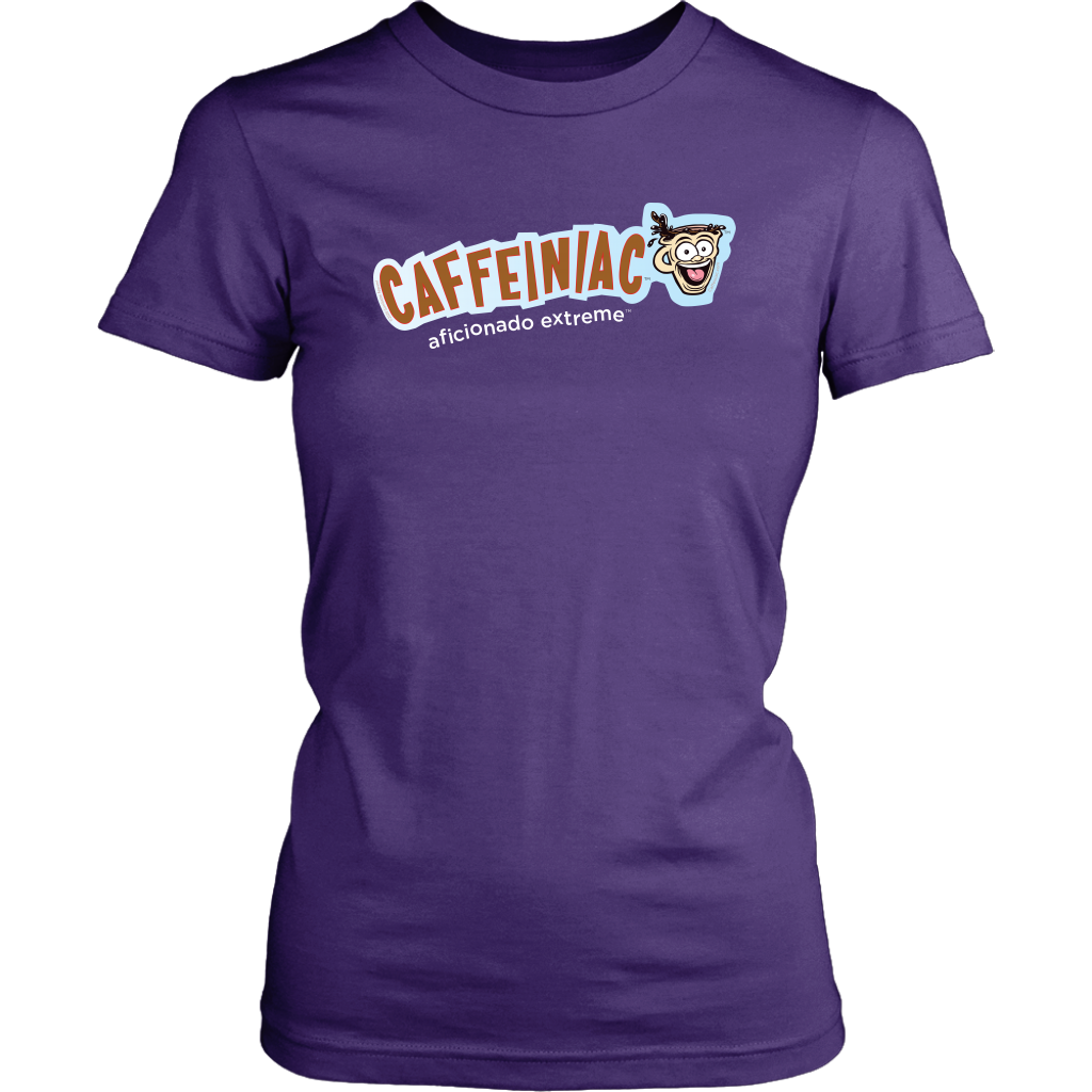 Front view of a District Womens purple Shirt featuring Caffeiniac Aficionado Extreme design