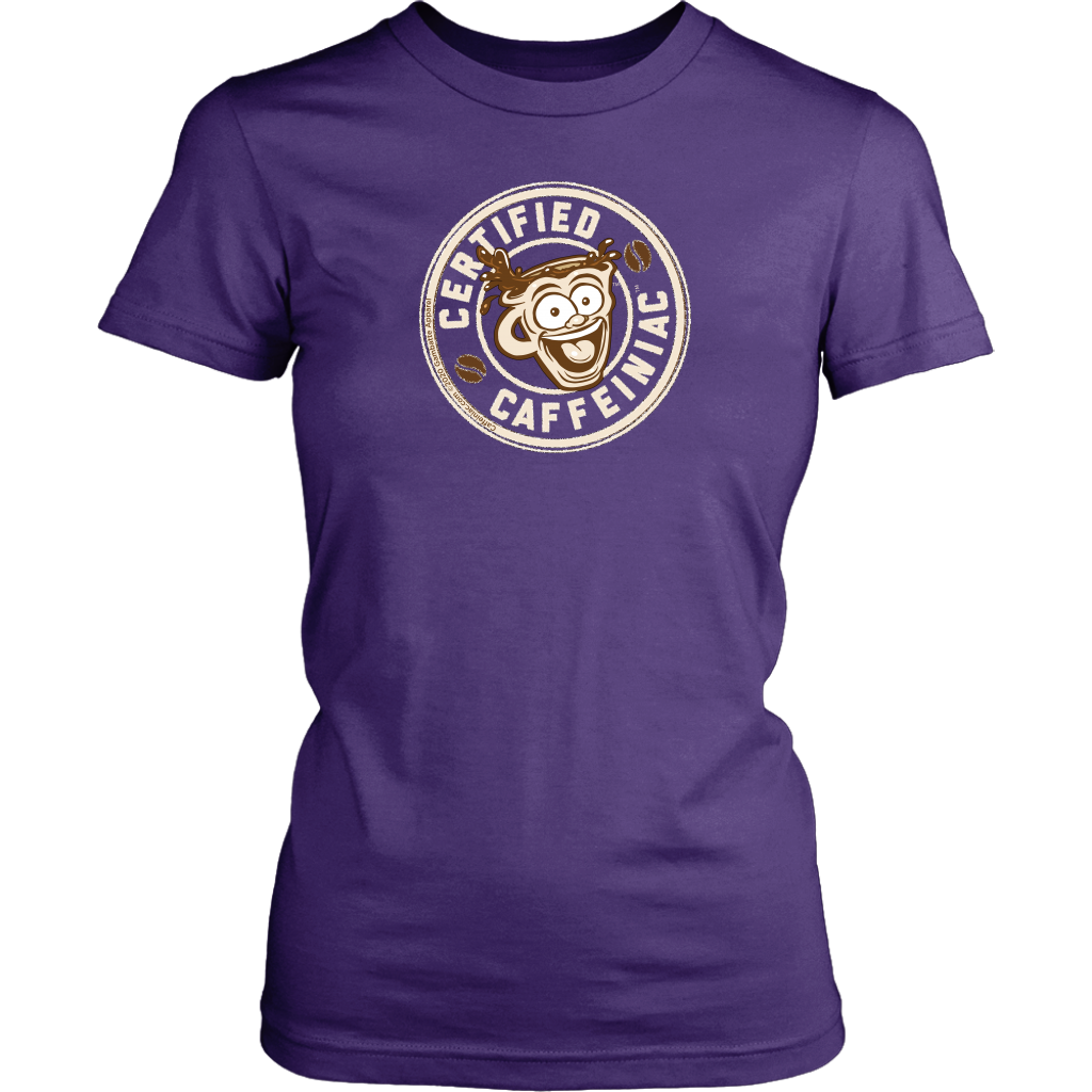 front view of a womans purple shirt featuring the Certified Caffeiniac design in tan ink on the front