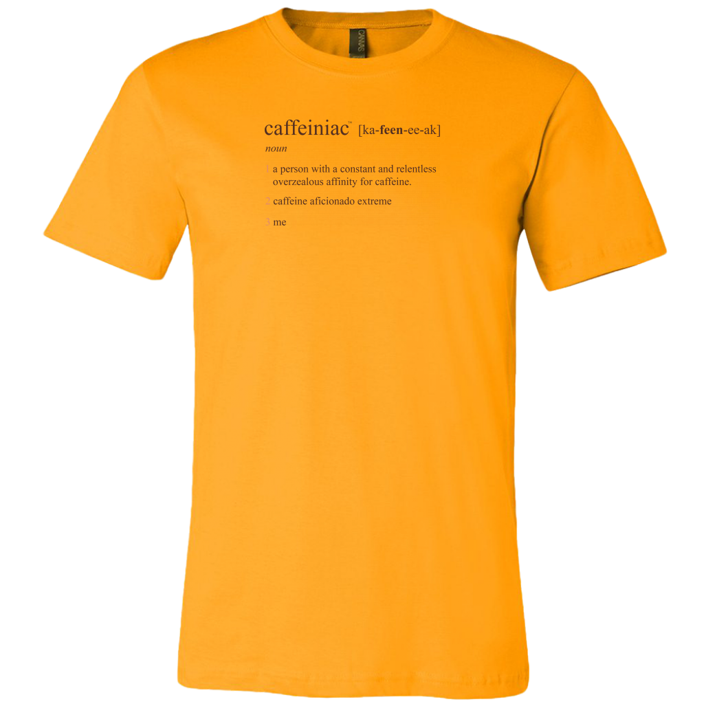 a bright yellow Canvas Mens Shirt featuring the Caffeiniac Defined design on the front