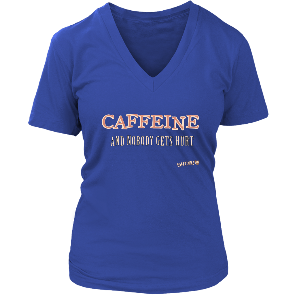 front view of a woman's  royal blue v-neck Caffeiniac shirt with the design CAFFEINE and nobody gets hurt
