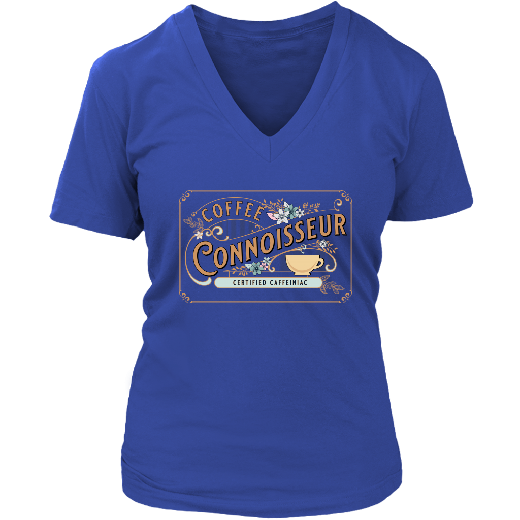 a royal blue woman's v-neck shirt with the coffee connoisseur design by Caffeiniac on the front