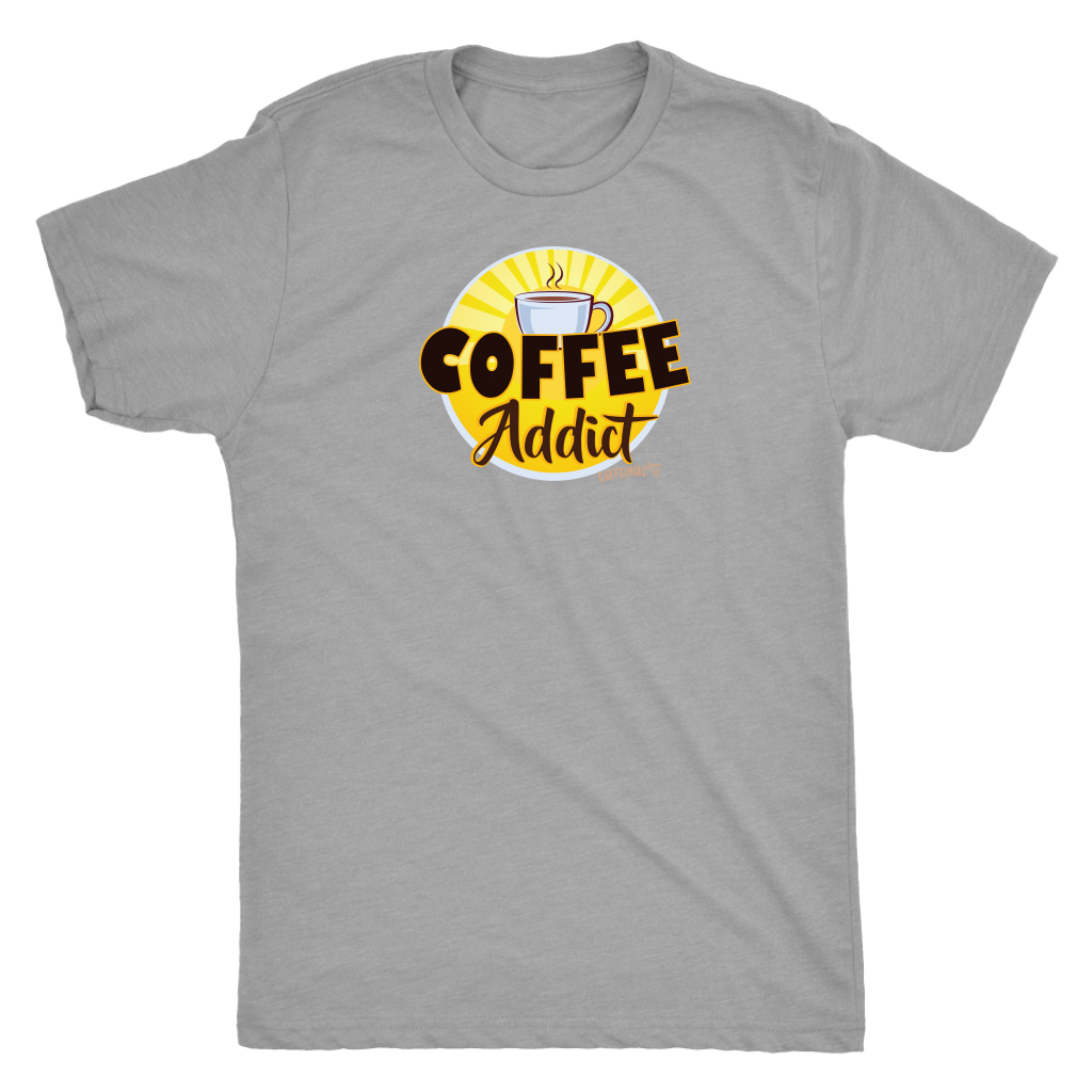 front view of a mens light grey Caffeiniac t-shirt featuring the Coffee Addict design
